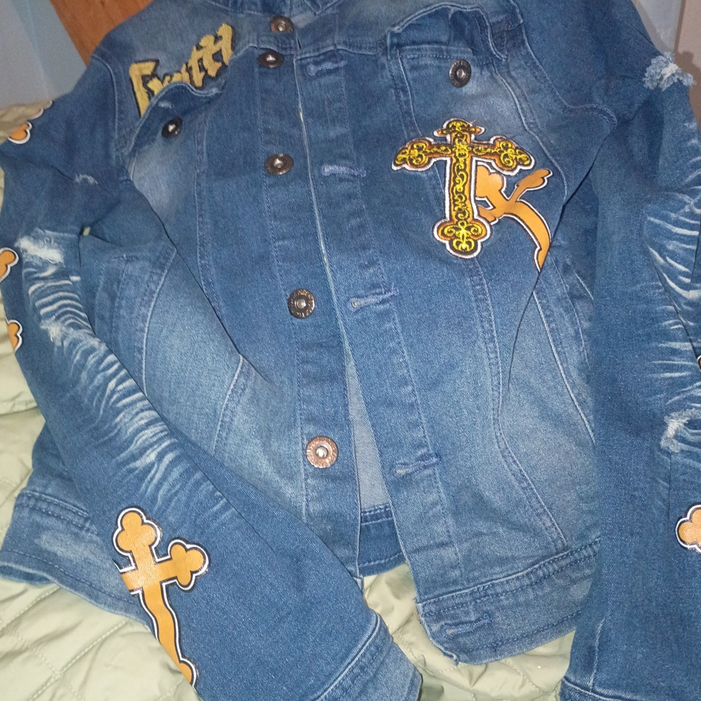 Embroidered Denim Jacket with Cross Accents